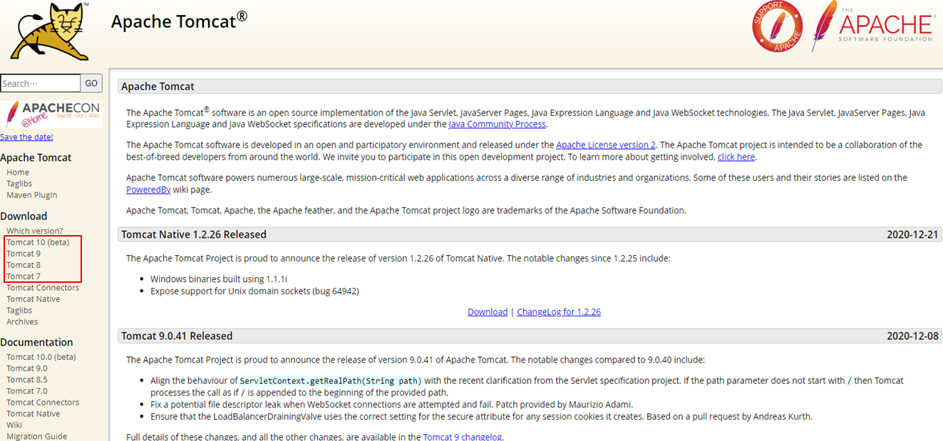 Apache Tomcat svetainės versijų atsisiuntimo nuorodos
