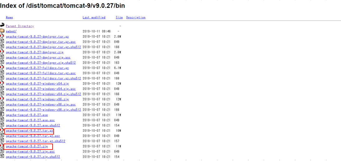 Tomcat 9.0.27 dvejetainių ZIP ir TAR.GZ failų sąrašas