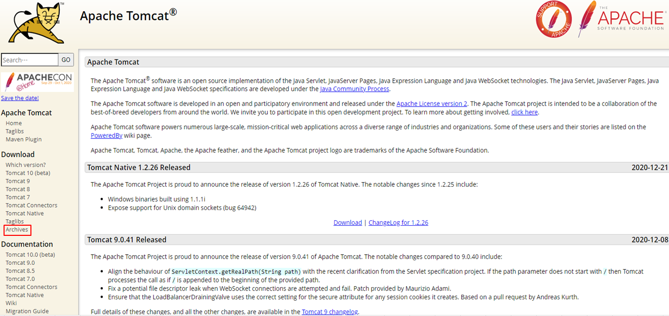 Apache Tomcat svetainės nuoroda „Archives“